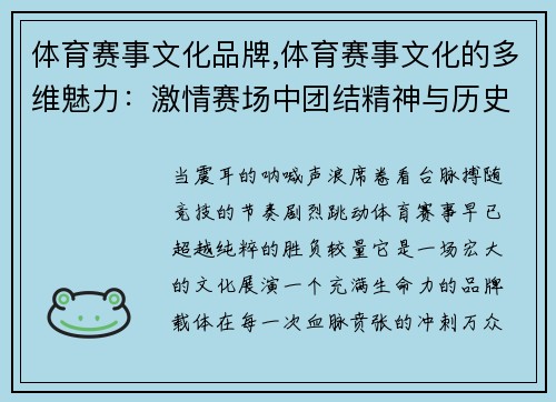 体育赛事文化品牌,体育赛事文化的多维魅力：激情赛场中团结精神与历史传承的交融乐章